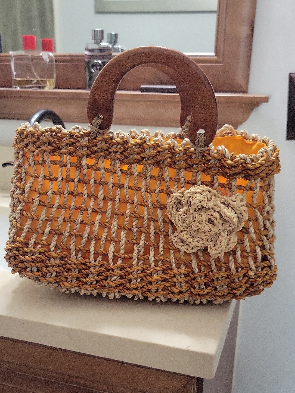 Handmade Woven Straw Tote Bag with Wooden Handles - Mustard Yellow - Picture 1 of 5